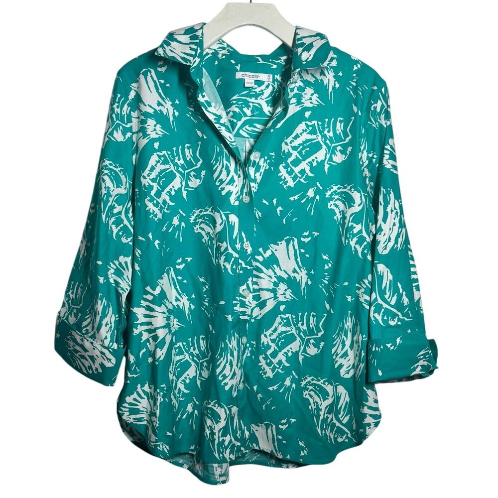 Chicos Top Women 10 Blue Green Seashell Print 3/4 Sleeve Button Up Cotton Blend